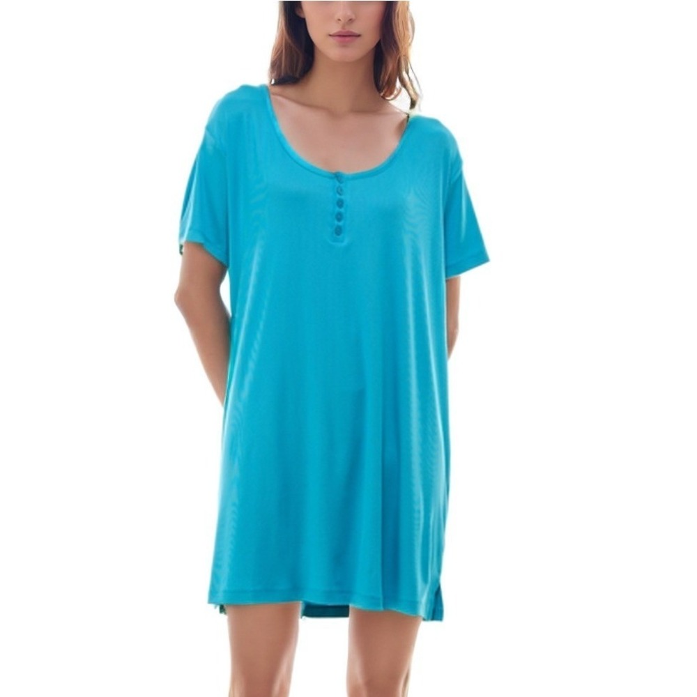Roudelain Womens Short Sleeve Ribbed Henley Sleepshirt Blue XS Cozy Lounge NWT